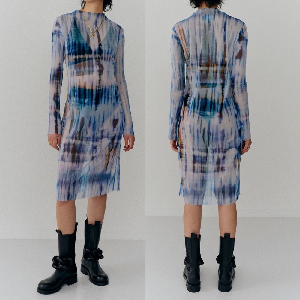 BIRGITTE HERSKIND $225 Kathy Tie Dye Mesh Midi Dress Sze Small Blue Sheer Scandi